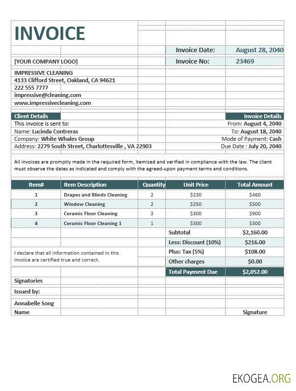 Modèle de facture pour entreprise de nettoyage
